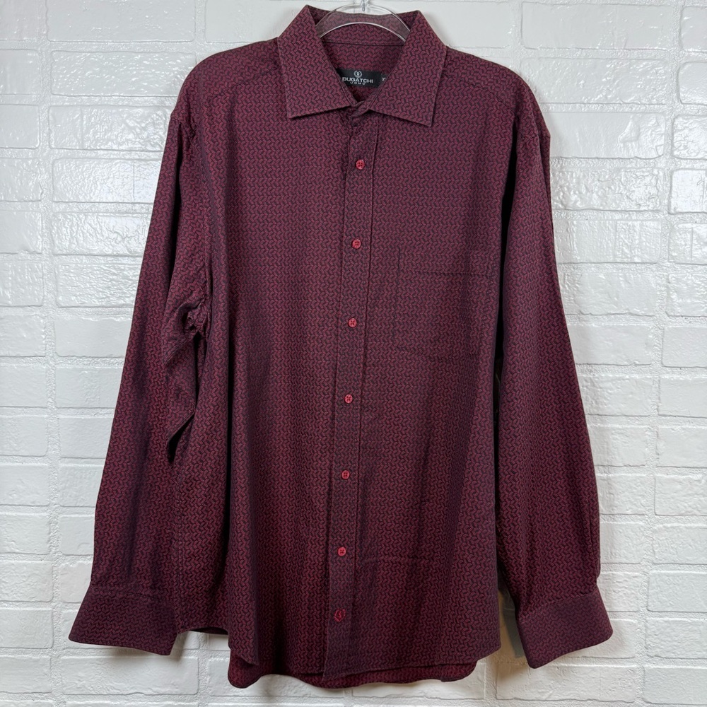 Bugatchi Uomo Shirt Mens XL Wine Geometric 100% Cotton Button-Up Business Casual